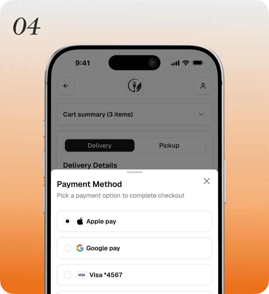 A phone checkout screen with Apple Pay, Google Pay and Visa payment methods