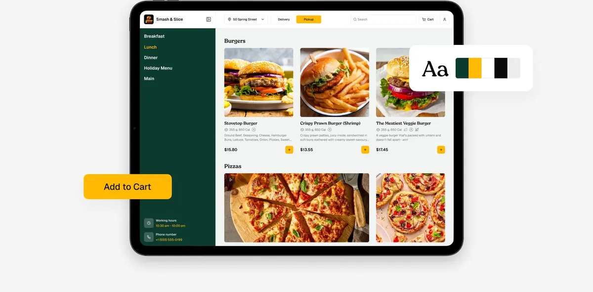 Restaurant menu on a tablet in custom brand colors, with typography and color-palette swatches and an Add to Cart button