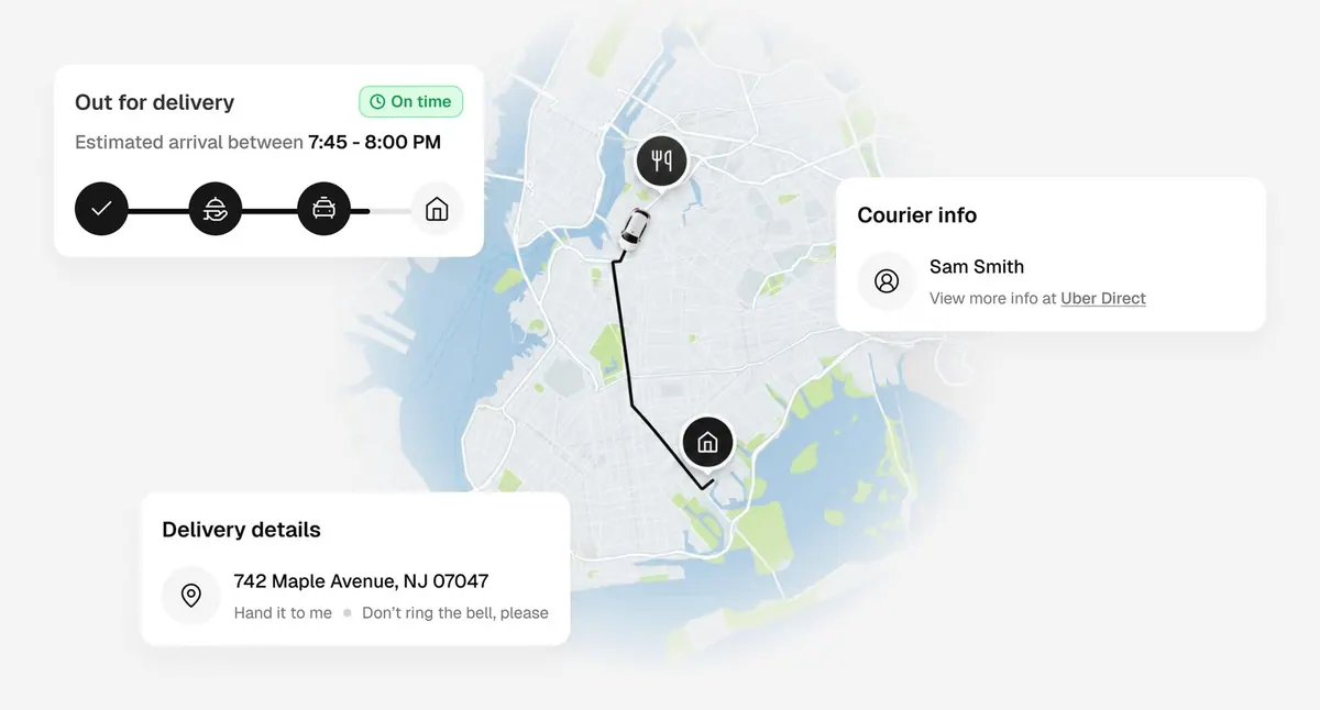 Live delivery map with an out-for-delivery progress card, courier info and delivery details for 742 Maple Avenue