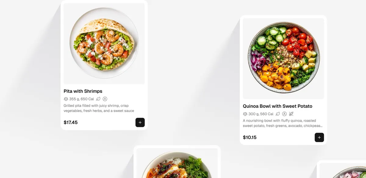 Guest-app menu cards for a Pita with Shrimps and a Quinoa Bowl with Sweet Potato, each with photo, calories, price and an add button