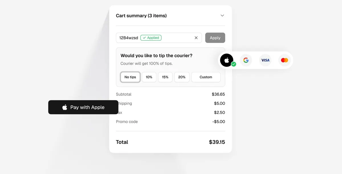 Checkout cart summary with a promo code applied, courier tip options, an order total and Apple Pay, Google Pay and card badges