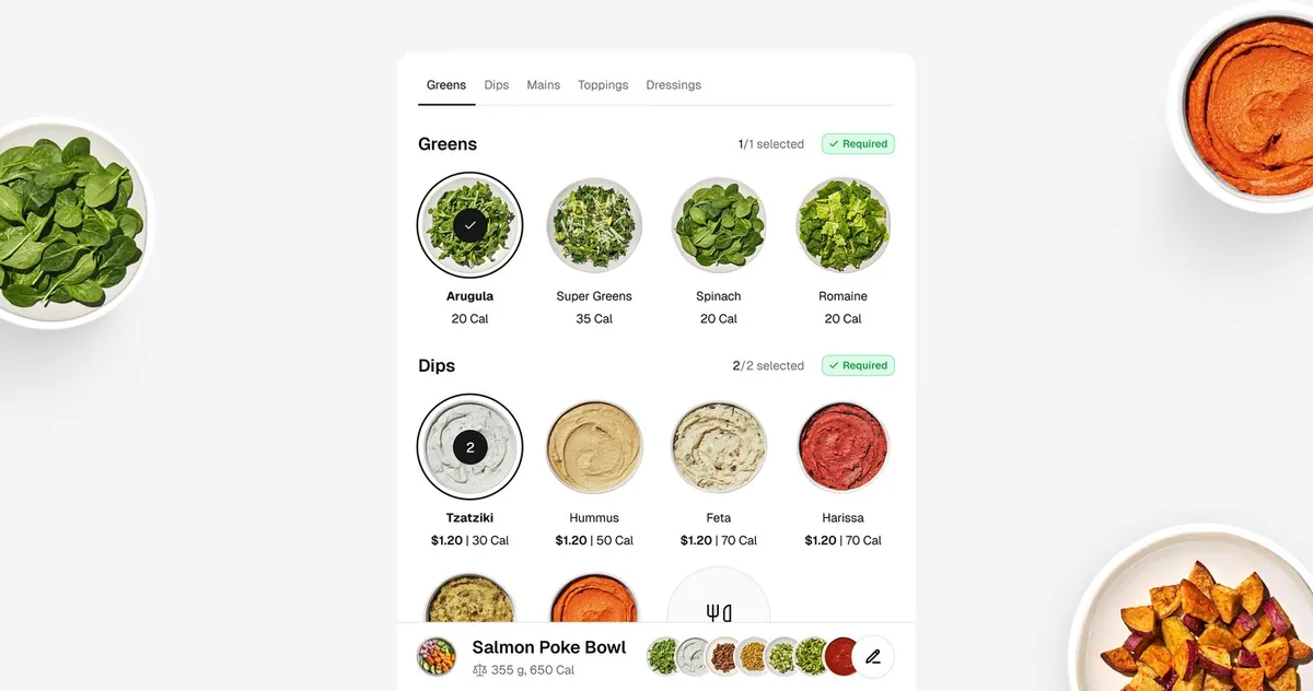 Item modifier picker with required Greens and Dips groups and a Salmon Poke Bowl summary bar, surrounded by bowls of fresh ingredients